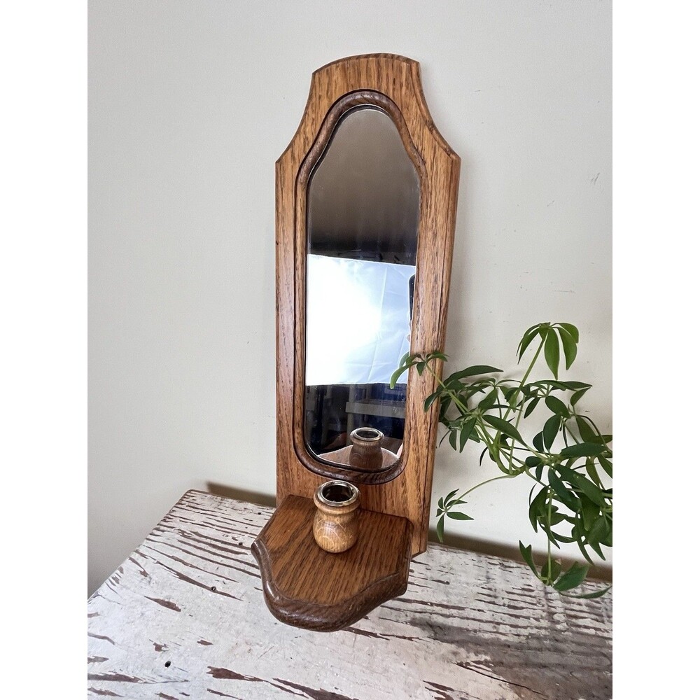 Vintage Solid Oak Country Colonial Wall Hanging Mirror Candle Holder 18” x 6”